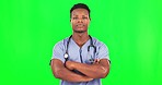 Black man, confident doctor and face on green screen, serious with mockup space and healthcare. Medical professional, male arms crossed in portrait and health surgeon with focus on studio background
