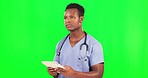 Digital tablet, black man and doctor in green screen studio thinking, planning and online consulting on mockup background. Hospital, schedule and nurse on app for telehealth, help or advice isolated