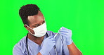 Medical, vaccine and covid with black man on green screen for healthcare, pharmacy and solution. Medicine, virus and treatment with doctor and syringe on studio background for mockup, drugs and help 