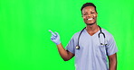 Happy man, face and doctor on green screen pointing to news, mockup and background. Portrait, black male and healthcare professional advertising promotion, presentation of medical offer and marketing