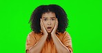 Face, wow and portrait of woman on a green screen with hands on face. Young female model on a studio background with bad news, gossip or shocked emoji expression to secret, surprise and mockup space