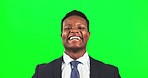 Black man in business, face and happy on green screen with professional mindset, CEO and mockup space. Corporate male in headshot, laughter and confidence in portrait, executive on studio background