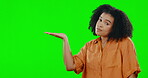 Woman, sad and hand on green screen portrait with space for product placement and mockup on studio background. Face of female model unsure, shrugging and disappointed with hand gesture or palm