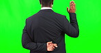 Oath, fingers crossed behind back and man on green screen with a liar, scam and fraud with hand gesture. Male show hands for testimony while dishonest, lying and corruption or deceit in court