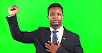 Black man, protest and fist portrait on green screen for justice, human rights and equality. Male with hand raised to vote and fight on studio background for freedom revolution, activism and politics