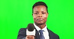 Green screen, black man reporter with microphone and interview for breaking news broadcast. Media, reporting and African journalist with mic, press work with information and newsroom announcement.