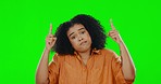 Green screen face, shrug and woman pointing up at mock up information, decision copy space or advertising choice mockup. Dont know gesture, chroma key portrait or confused person on studio background