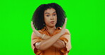 No, gesture and face of a woman on a green screen isolated on a studio background. Stop, refuse and portrait of a girl shaking head and gesturing for disagreement, warning and rejection on a backdrop