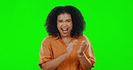 Clapping, happy and face of woman on green screen for success, celebration or winner on studio background. Portrait, female model and hands of applause to celebrate praise, congratulations or support