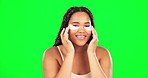 Eyes, patch and face of woman on green screen, beauty and dermatology for aesthetic glow. Portrait of happy female model, facial eye mask and cosmetics product for skincare, facial collagen and smile