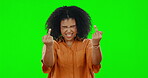Rude, green screen and a woman shouting fuck you in studio while feeling angry, aggressive or upset. Screaming, hand gesture and insult with an unhappy afro female showing anger on chromakey mockup