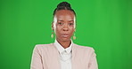 Business woman, serious and portrait on green screen for pride and mockup space. Face of professional, young and African entrepreneur person, CEO or boss with focus on career on a studio background