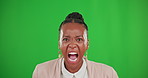 Screaming, angry and business with black woman in green screen for stress, frustrated and crisis. Anxiety, burnout and problem with female shouting on studio background for emotional, mad and anger