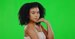 Satisfaction, green screen and face of woman for beauty, wellness and skincare treatment in studio. Luxury salon, spa and portrait of girl with afro hairstyle for cosmetics, makeup and glowing skin