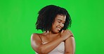 Body, green screen and face of woman with satisfaction for beauty, wellness and skincare in studio. Luxury spa, dermatology and portrait of girl with afro hair for cosmetics, makeup and glowing skin