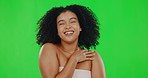 Hair, beauty and face of woman on green screen with smile for satisfaction, wellness and skincare in studio. Luxury salon, spa and portrait of girl with afro hairstyle for cosmetics, makeup and glow