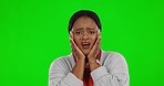 Face, green screen and black woman with surprise, facial expression and stress against a studio background. Portrait, female model and person with shock, emoji and reaction for news and information