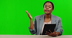 Black woman, talking and reading tablet on green screen for breaking news channel, anchor information or press mockup. Portrait, presenter or journalist in broadcast with isolated studio technology