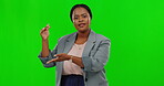 Black woman hands, face or talking on green screen for weather report, breaking news channel or journalism mockup. Portrait, reporter or journalist in speech, communication or presentation background