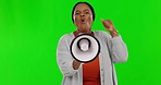 Face, green screen and black woman with megaphone, protest and human rights against a studio background. Portrait, female activist and protester with bullhorn, screaming and announcement for justice