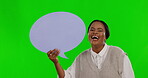Black woman, laughing and speech bubble, green screen with social media promotion and advertising mockup. Promo, marketing and happy female in portrait, branding and announcement on studio background