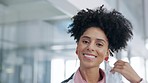 Covid, face and woman doctor remove a mask in a hospital with happiness and a smile. Portrait, healthcare and wellness worker feeling happy, proud and success in a clinic from work with mockup