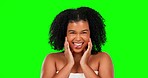 Skincare, face and woman in studio with green screen for a beauty, natural and facial routine. Cosmetic, happy and portrait of goofy female model with her tongue out isolated by chroma key background