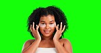 Eye patches, beauty and black woman on green screen for  facial treatment, skincare and cosmetics. Dermatology, spa and portrait of girl with pads for anti aging, wrinkles and face wellness in studio