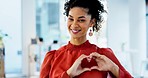 Face, office or hands of happy woman with heart shape, support or smile in a successful business career. Portrait, hope sign or proud girl employee wellness smiling with love or happiness symbol 