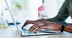 Black man is typing on laptop, hands and notes, writing content for blog at digital agency startup and productivity. Copywriting, keyboard and internet with workflow and male copywriter brainstorming