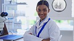 Science, laptop and face of Indian woman in laboratory for medical research, dna testing and analytics. Healthcare, biotechnology and portrait of female scientist with microscope for vaccine analysis