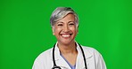 Green screen, smile and face of doctor in studio for insurance, medical support and wellness. Healthcare, hospital mockup and portrait of happy lady on background for medicine, service and trust