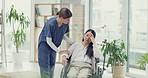 Stress, wheelchair or nurse talking to sad woman of medical report results or news of disability rehabilitation. Consultation, bad or doctor speaking or explaining to disabled Asian person for advice