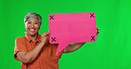 Green screen, speech bubble and tracking marker by senior with happy face on studio background. Portrait, poster and elderly lady smile with mockup, banner and social media, news or announcement 