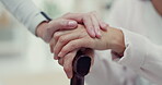 Caregiver, hands and elderly women with cane for walking support help, geriatric senior care or old age movement disability. Healthcare, empathy and relax nursing home patient with walking stick