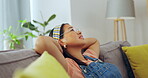 Asian woman, relax and resting head on sofa in living room for break, holiday or comfort at home. Happy, relaxed and calm female relaxing on lounge couch enjoying freedom, rest or free time indoors