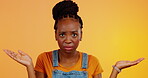 Face, confused and black woman with question, doubt and unsure against a studio background. Portrait, female and person with confusion, body language and shrugging with emoji hands and contemplation