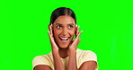 Wow, happy and face of a woman on a green screen isolated on a studio background. Smile, beautiful and portrait of a young Indian girl posing with shock, surprise and amazement expression on backdrop