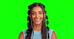 Happy smile, gen z and green screen portrait of a woman in a studio background with fashion aesthetic. Young female, excited and happiness of a model feeling youth and stylish with trendy hairstyle