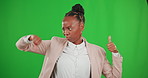 Thumbs up, thumbs down and a woman on a green screen background laughing at her choice of options. Opposite, hand gesture and decision with an african american female in business on chromakey mockup