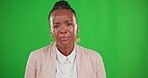 Business woman, portrait and crying or sad on green screen to wipe face, eyes or tears. Face of professional, young and African entrepreneur person or boss upset about loss, failure or mockup space