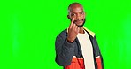 Calling, gesture and face of a black man on a green screen isolated on a studio background. Sign, walking and portrait of an African guy gesturing to come, follow or giving invitation on a backdrop