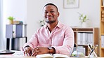 Happy, business and face of black man in office with smile for confidence, success mindset and startup goals. Company, leader and portrait of male entrepreneur at desk for planning, growth and pride