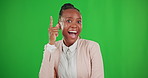 Face, green screen and black woman with idea, thinking and solution against a studio background. Portrait, female entrepreneur and person with creativity, smile and confidence with problem solving