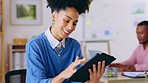 Tablet, research and businesswoman in the office while working on a manager analysis report. Technology, professional and female employee planning a corporate project on a mobile device in workplace.