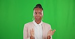 Unimpressed, tired and a black woman clapping on a green screen isolated on a studio background. Unhappy, fatigue and an African employee with an applause while yawning, bored and displeased
