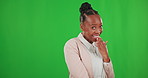 Face, laughing and black woman pointing on green screen in studio isolated on a background mockup. Funny, portrait or happy African person with laughter for advertising, marketing space or chroma key