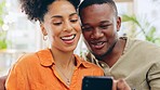 Phone, couple and laughing in home living room, bonding and streaming funny comedy. Interracial, cellphone and happy man and woman on social media, online browsing or web scrolling for comic meme.