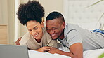 Laptop, love and a couple watching a movie in bed together while bonding during the morning at home. Computer, bedroom or romance with a man and woman enjoying a subscription service on the weekend