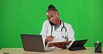 Green screen, planning and a doctor on a phone call for healthcare isolated on a studio background. Laptop, results and a black woman in communication on a mobile for medical support and notes